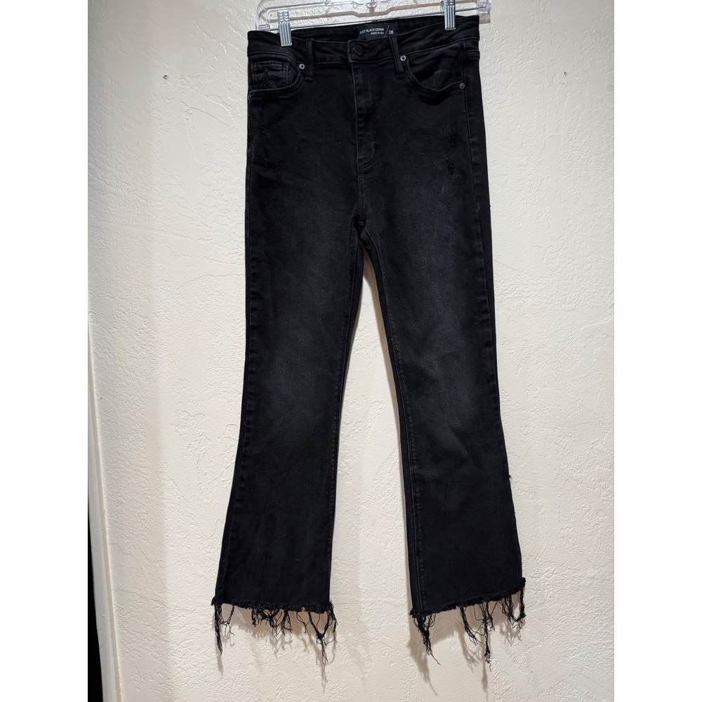 Just Black‎ Denim Womens High Rise Flare Jeans Washed Black Raw Fray Hem 28